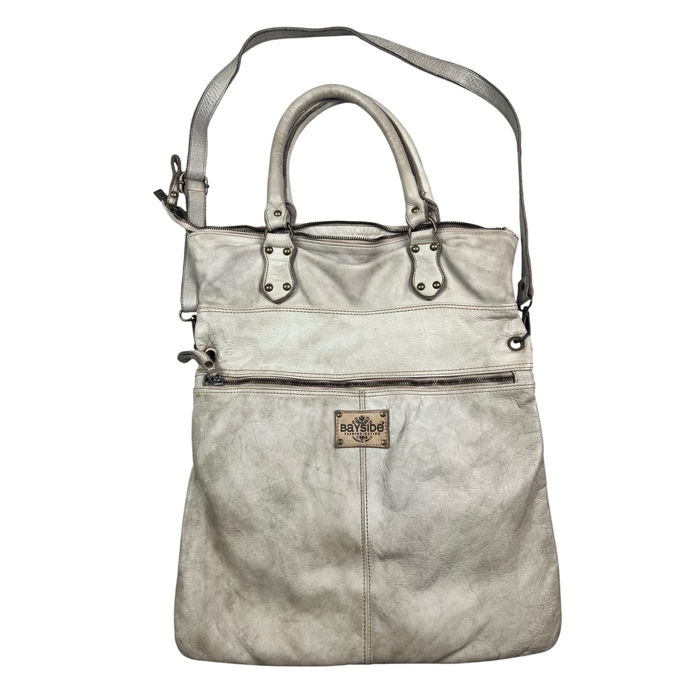 Bayside Fashion Nation Bologna Cream Leather Tote Crossbody Bag Italy Plaid Line